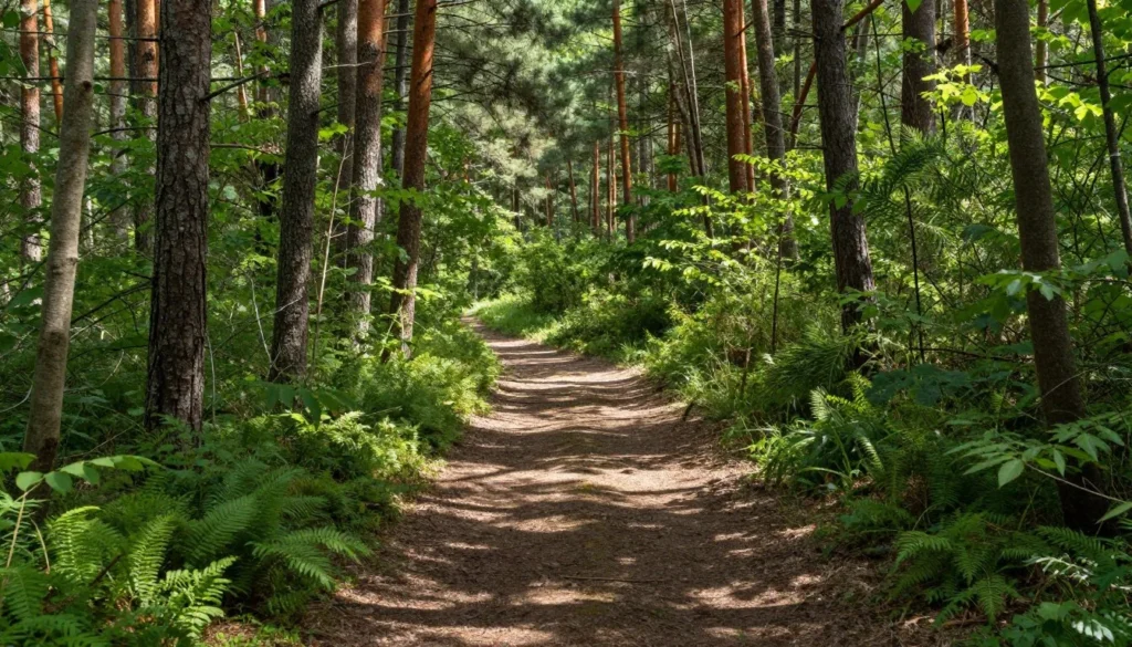 Beautiful Tennessee forest hiking trail with diverse trees and dappled sunlight Beautiful Tennessee forest hiking trail with diverse trees and dappled sunlight