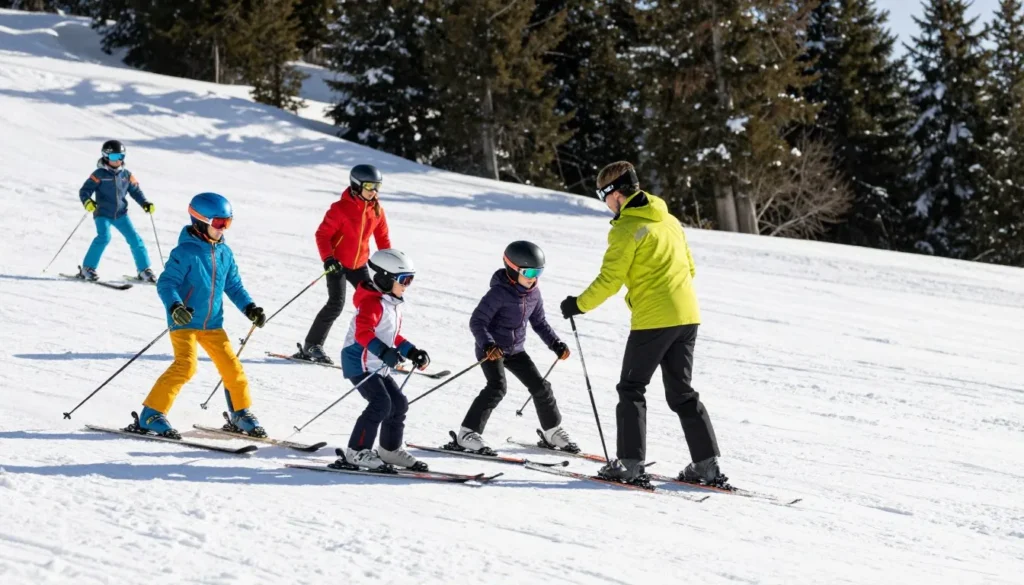 Beginner skiers taking lesson on gentle Nordic Valley slopes with instructor