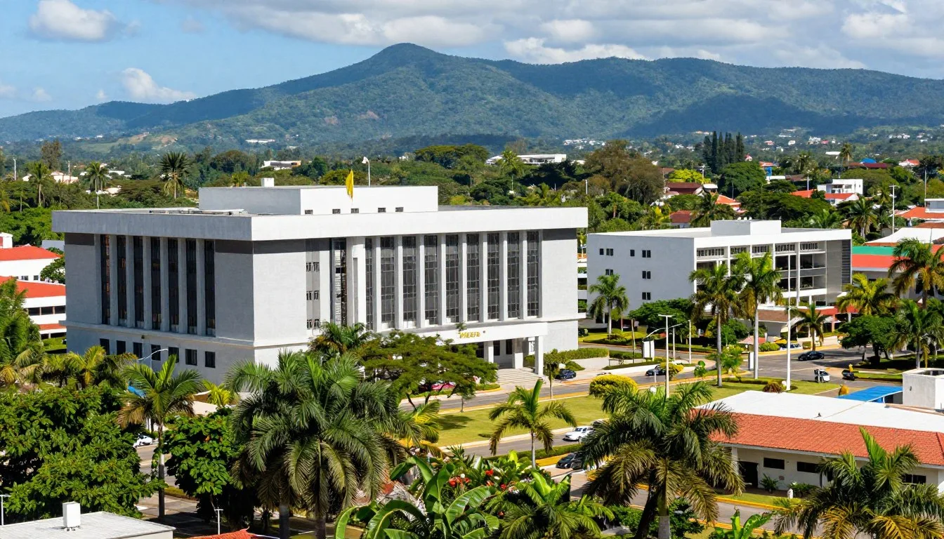 Belmopan Belize city center showcasing modern government buildings surrounded by lush tropical vegetation