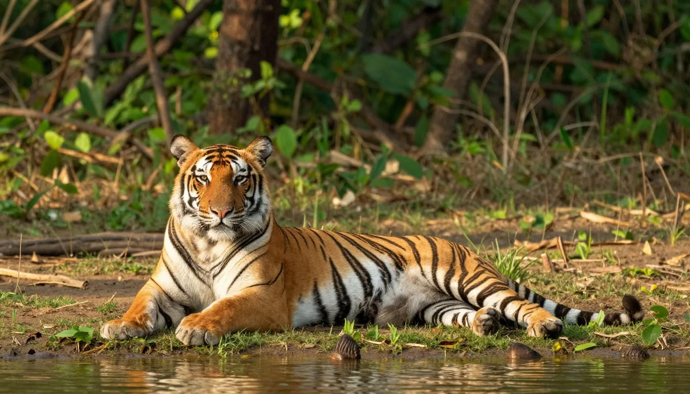 Bengal tiger resting near water body in Ranthambore National Park during golden hour