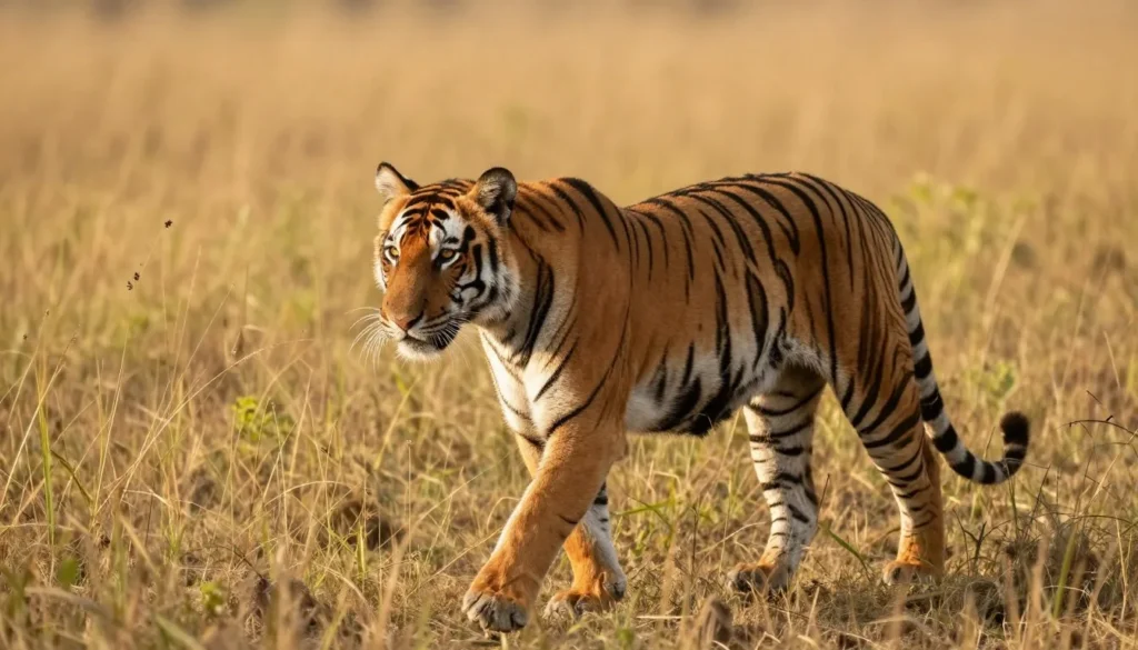 Bengal tiger walking through natural grassland habitat in Ranthambore