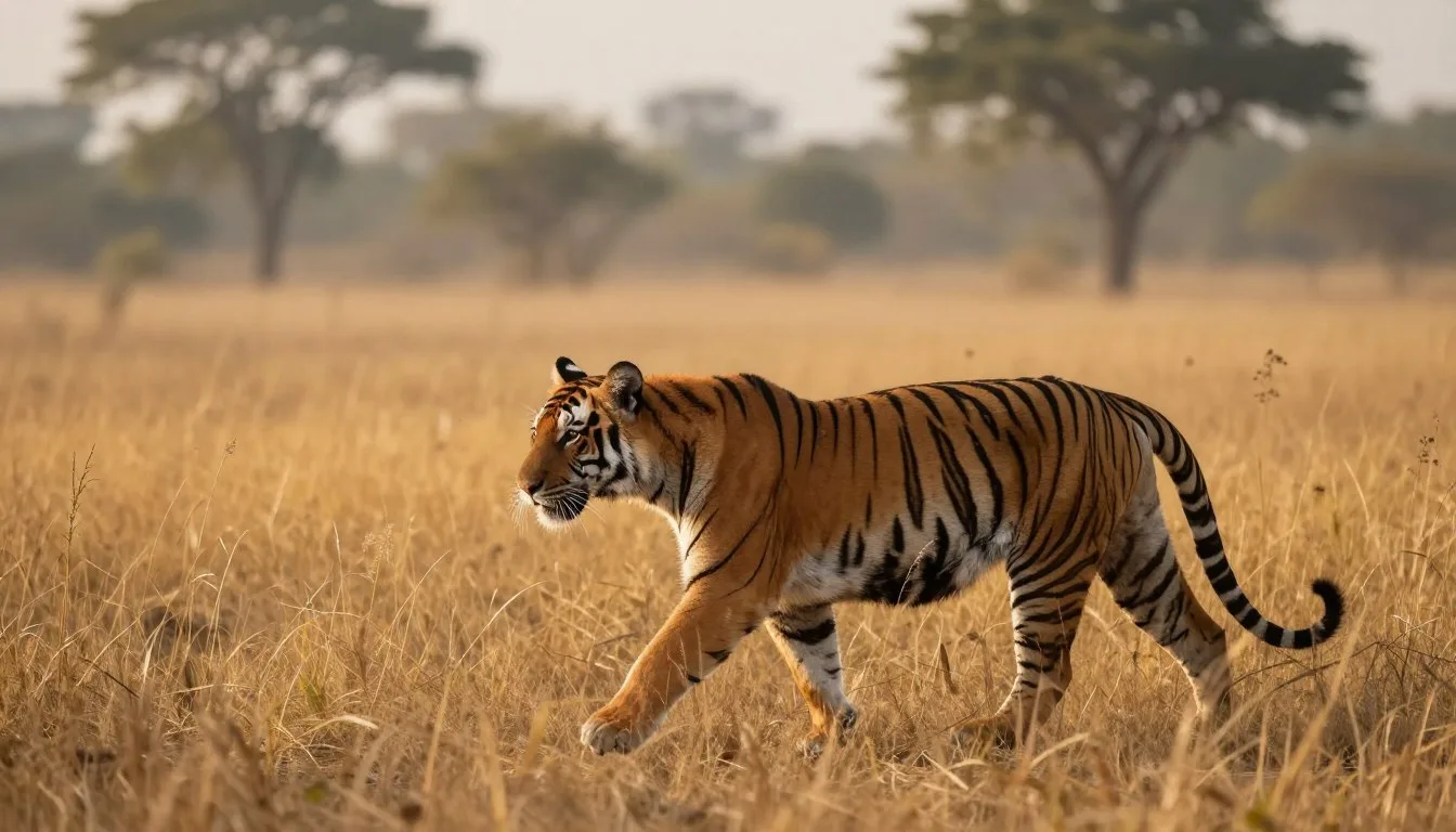 Bengal tiger walking through tall grassland at sunrise in Jim Corbett National Park