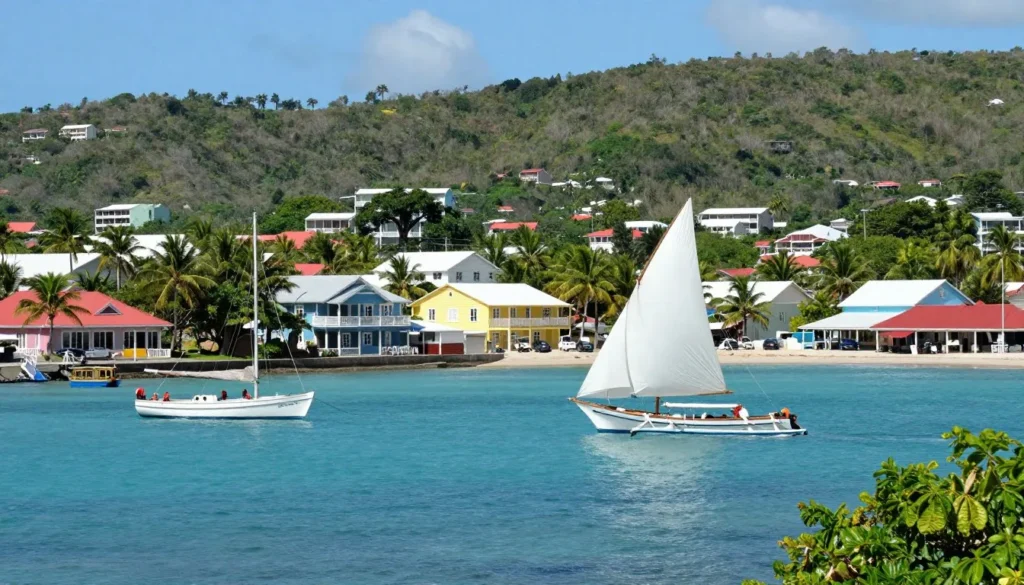Bequia Island harbor with sailing boats and colorful buildings Bequia Island harbor with sailing boats and colorful buildings