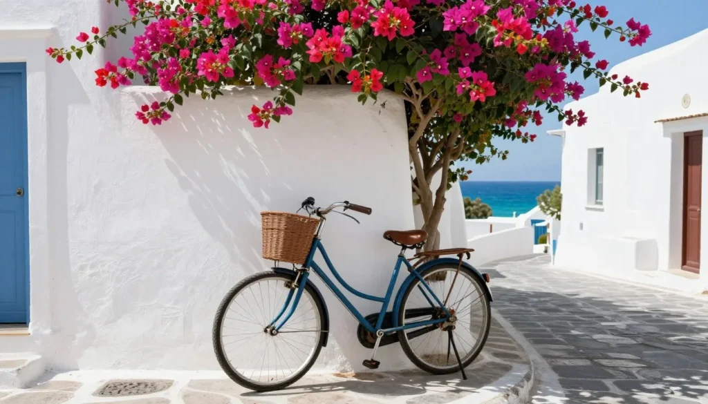 Bicycle parked against white Mediterranean building wall with colorful flowers and coastal views