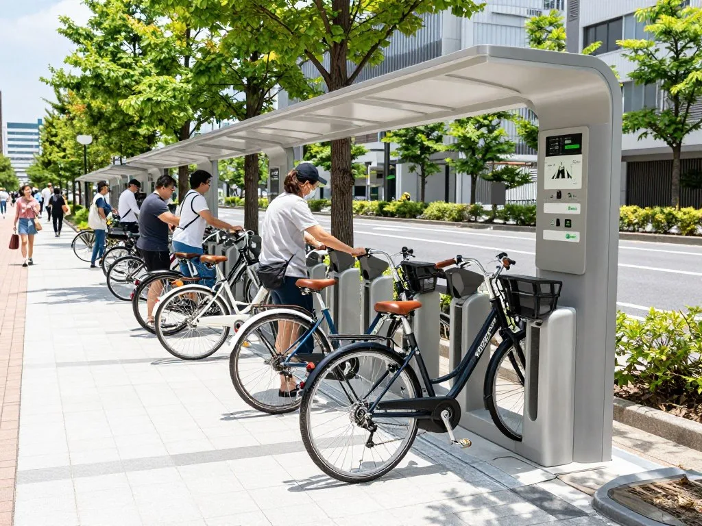 Bicycle rental station in Oita City with visitors selecting bikes