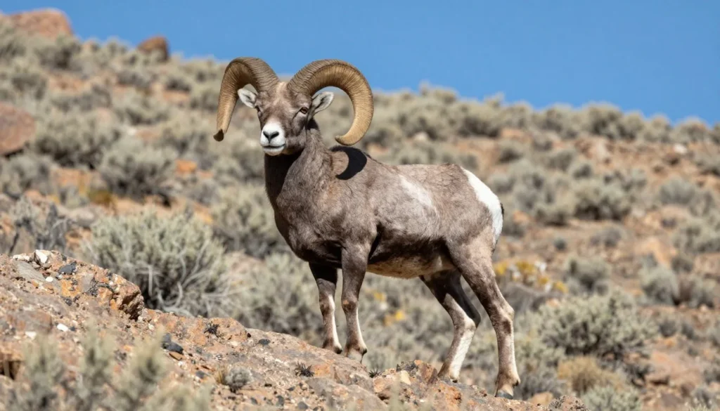 Bighorn sheep ram standing on rocky outcrop at Sheldon Wildlife Refuge