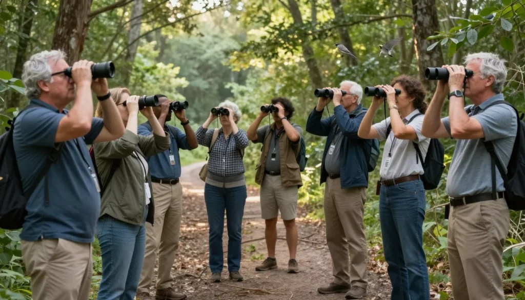 Bird watchers observing wildlife at Durant Nature Preserve with binoculars Bird watchers observing wildlife at Durant Nature Preserve with binoculars
