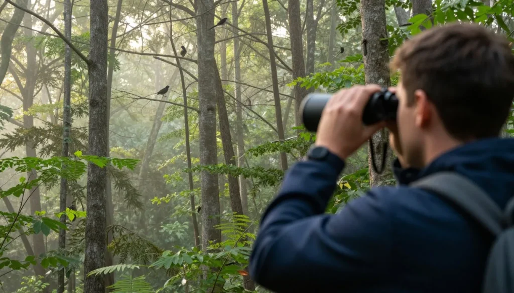Birdwatcher with binoculars observing native Tennessee birds in forest near Gar Island Birdwatcher with binoculars observing native Tennessee birds in forest near Gar Island