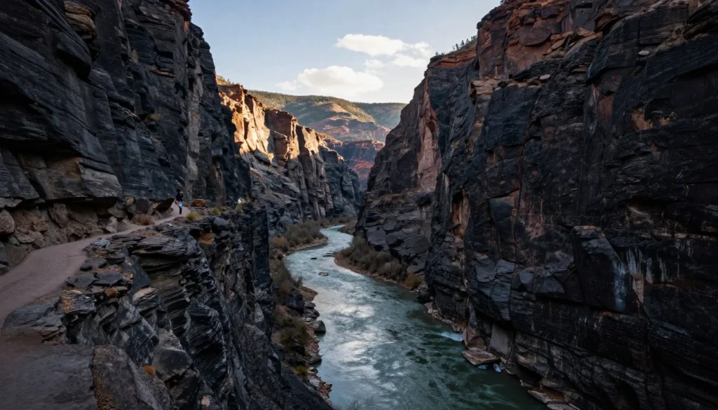 Black Canyon dramatic cliff walls and river below Black Canyon dramatic cliff walls and river below