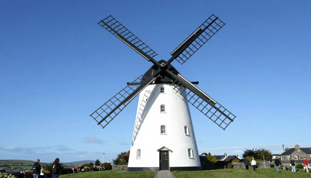 Blennerville Windmill tower with working sails against blue sky in Tralee Blennerville Windmill tower with working sails against blue sky in Tralee
