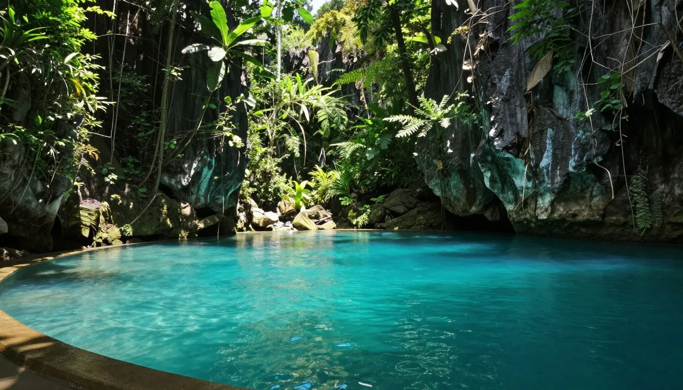 Blue Hole National Monument Belize crystal clear turquoise swimming pool surrounded by lush rainforest