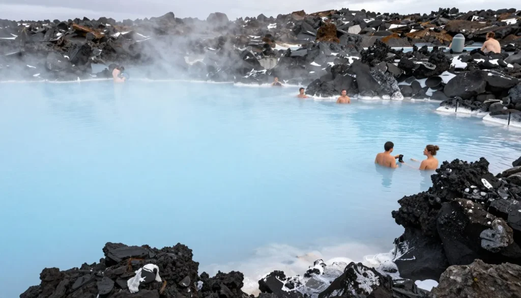 Blue Lagoon geothermal spa with milky blue water and steam