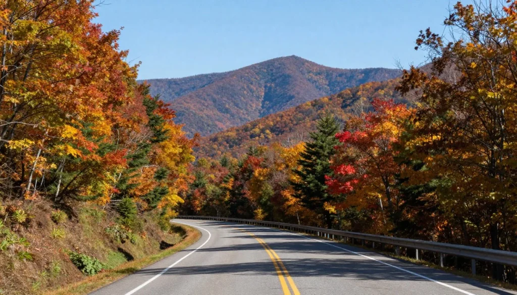 Blue Ridge Parkway scenic mountain road winding through fall foliage near Grandfather Mountain Blue Ridge Parkway scenic mountain road winding through fall foliage near Grandfather Mountain