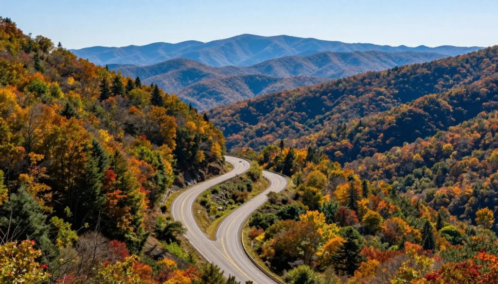 Blue Ridge Parkway winding through mountain terrain with autumn foliage Blue Ridge Parkway winding through mountain terrain with autumn foliage