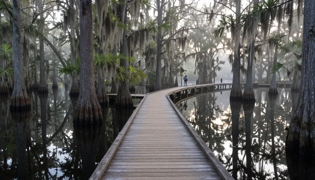 Boardwalk trail through cypress swamp with reflections in still water Boardwalk trail through cypress swamp with reflections in still water