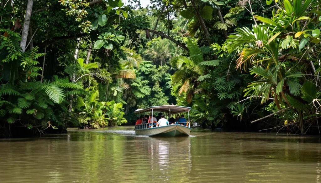 Boat traveling through Tortuguero canals surrounded by jungle vegetation