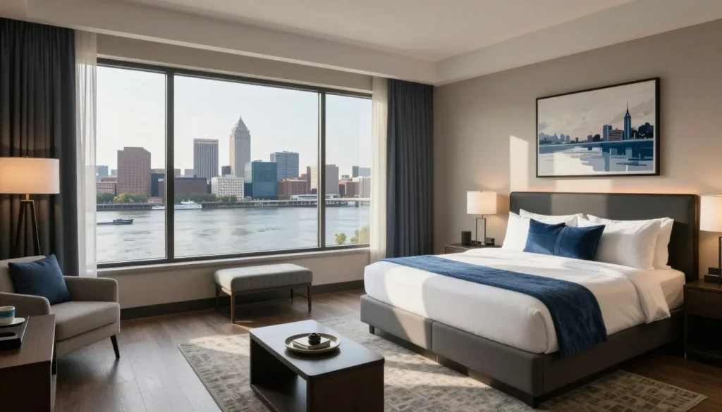 Boutique hotel room overlooking Mississippi River with modern Southern decor Boutique hotel room overlooking Mississippi River with modern Southern decor