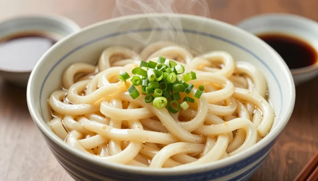 Bowl of authentic Sanuki udon noodles with toppings and dipping sauce on traditional Japanese table setting Bowl of authentic Sanuki udon noodles with toppings and dipping sauce on traditional Japanese table setting