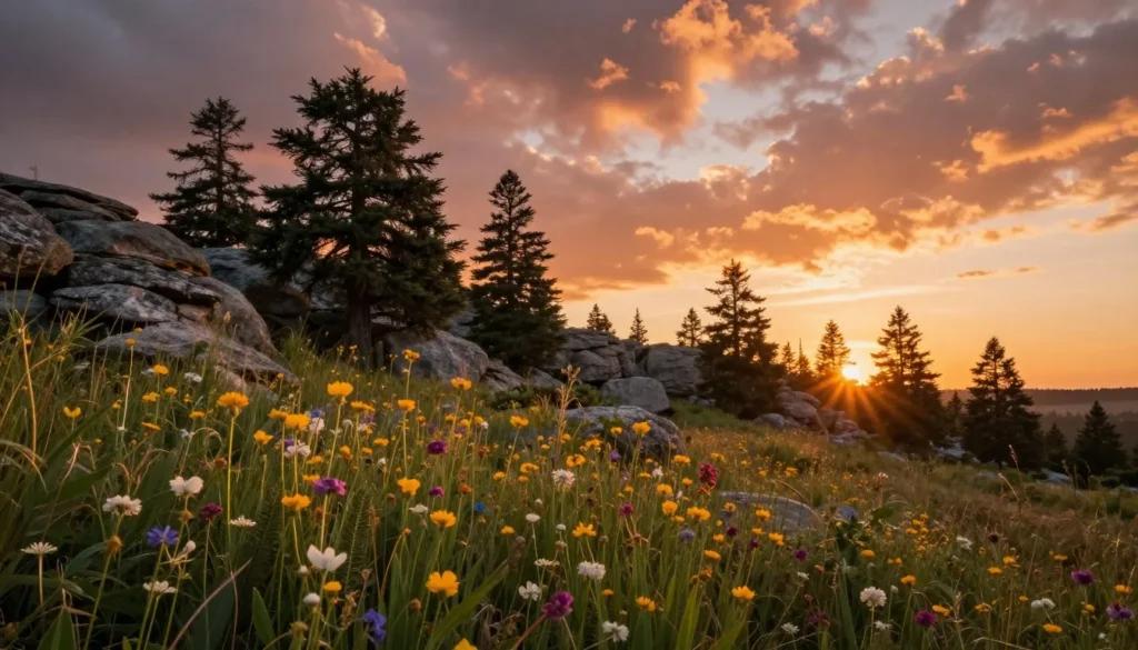 Breathtaking sunset view over cedar glade landscape with wildflowers Breathtaking sunset view over cedar glade landscape with wildflowers