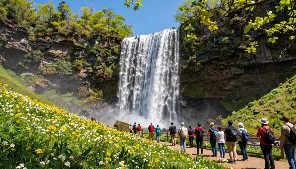 Bridal Veil Falls surrounded by spring wildflowers and fresh green foliage Bridal Veil Falls surrounded by spring wildflowers and fresh green foliage