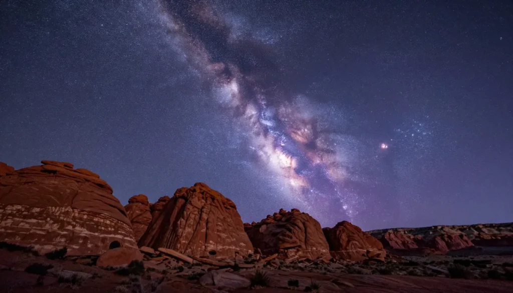 Brilliant starry night sky over Utah red rocks