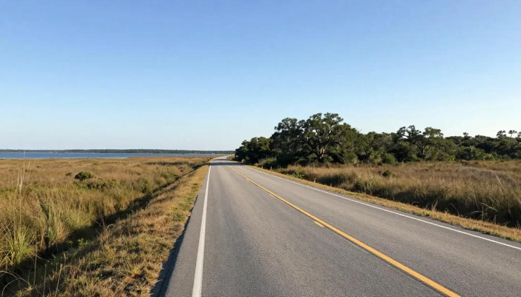 Brunswick Islands coastal road with marshland views and blue sky Brunswick Islands coastal road with marshland views and blue sky
