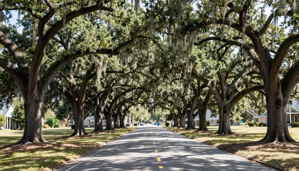 Brunswick Town Fort Anderson entrance road with ancient live oak trees Brunswick Town Fort Anderson entrance road with ancient live oak trees