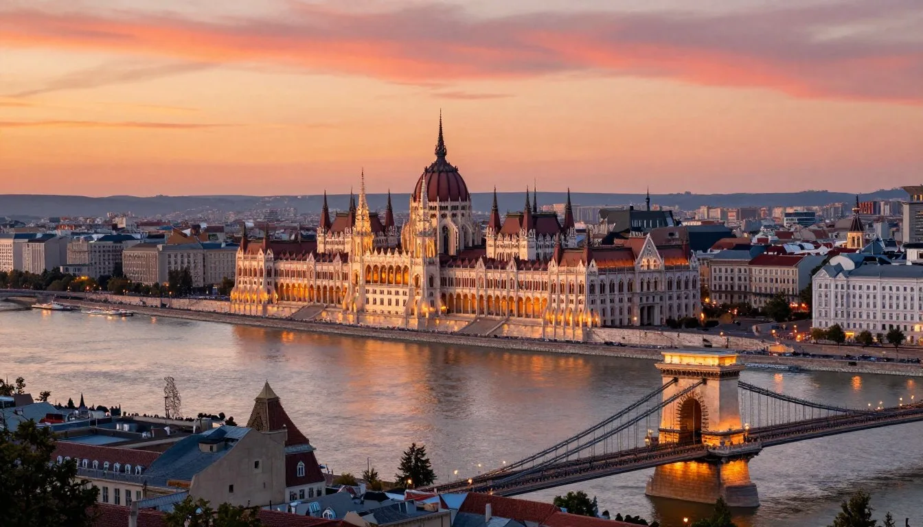 Budapest cityscape with Hungarian Parliament building along Danube River at sunset