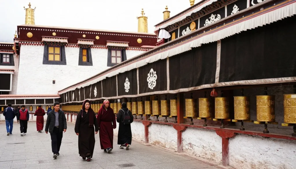 Buddhist prayer wheels at monastery with visitors respecting local customs