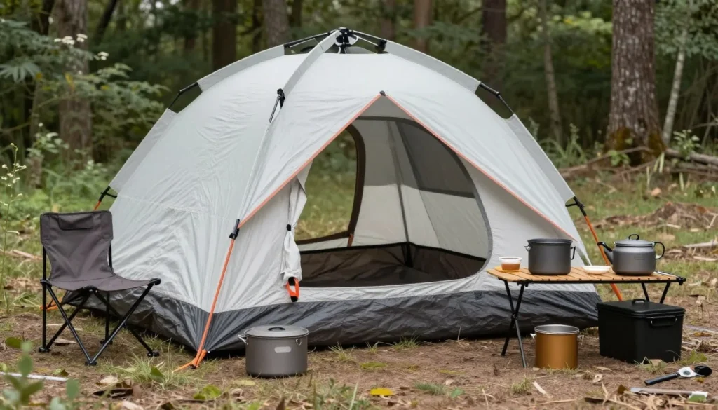 Budget camping gear setup at Frozen Head State Park Tennessee campsite Budget camping gear setup at Frozen Head State Park Tennessee campsite