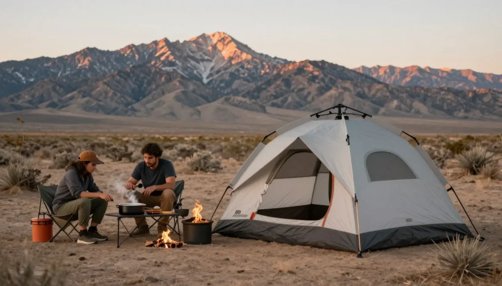 Budget camping setup in Nevada wilderness with basic gear and mountain views