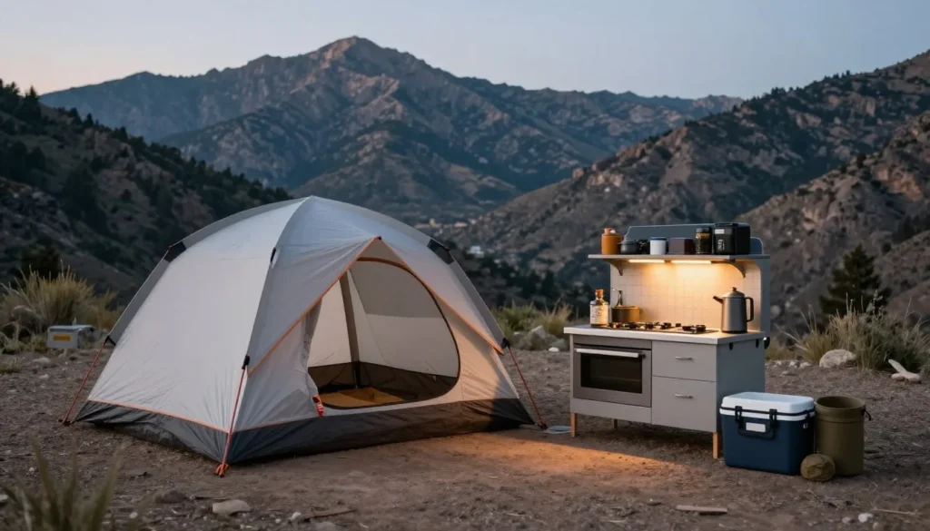 Budget camping setup in mountain setting