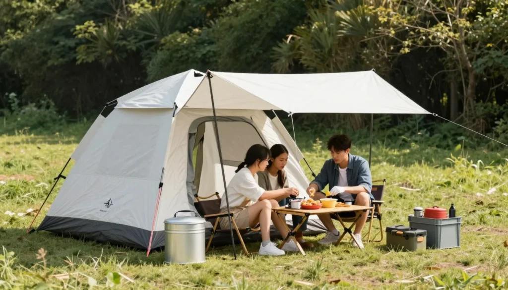 Budget camping setup with basic equipment at sand dunes Budget camping setup with basic equipment at sand dunes