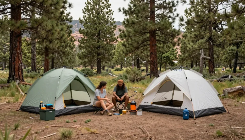 Budget camping setup with basic gear at Pine Valley Budget camping setup with basic gear at Pine Valley