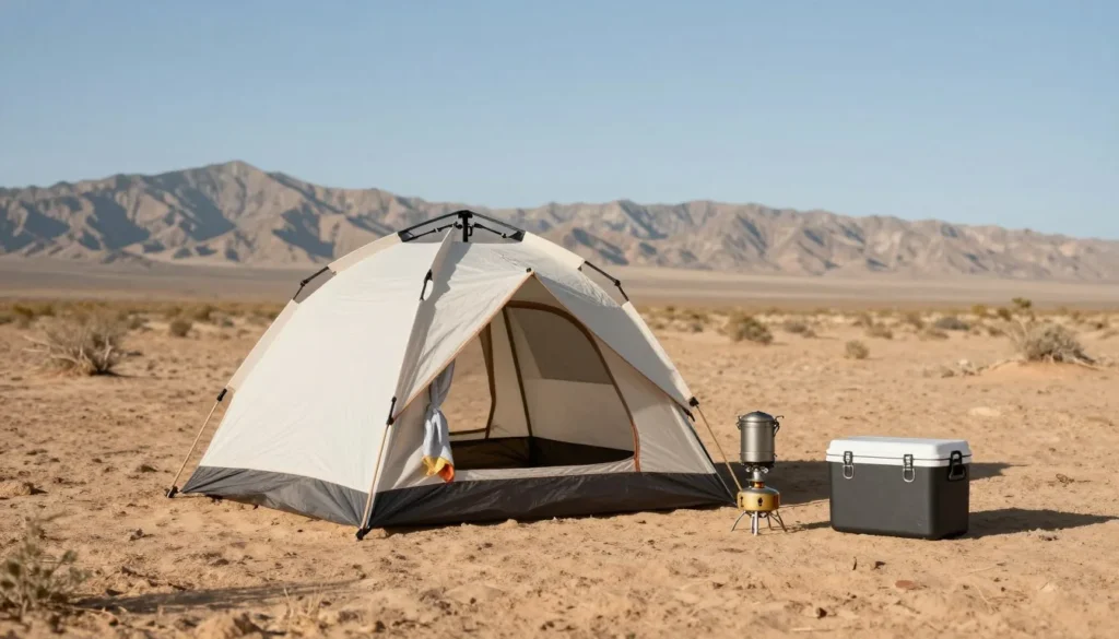Budget camping setup with simple tent and cooking equipment