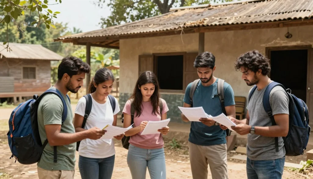 Budget travelers planning Ranthambore trip at guesthouse outdoor seating area