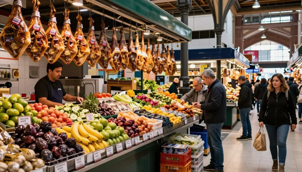 Bustling indoor food market with fresh produce and shoppers