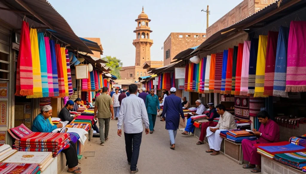 Bustling market scene near Clock Tower with colorful textile shops and local shoppers