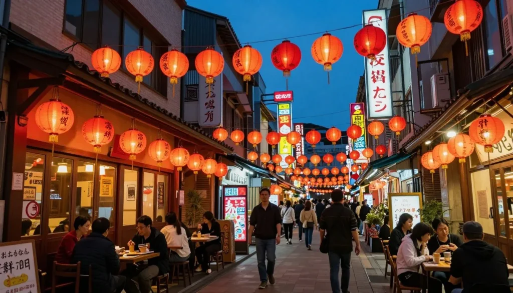 Bustling restaurant street scene in Yokohama Chinatown at night