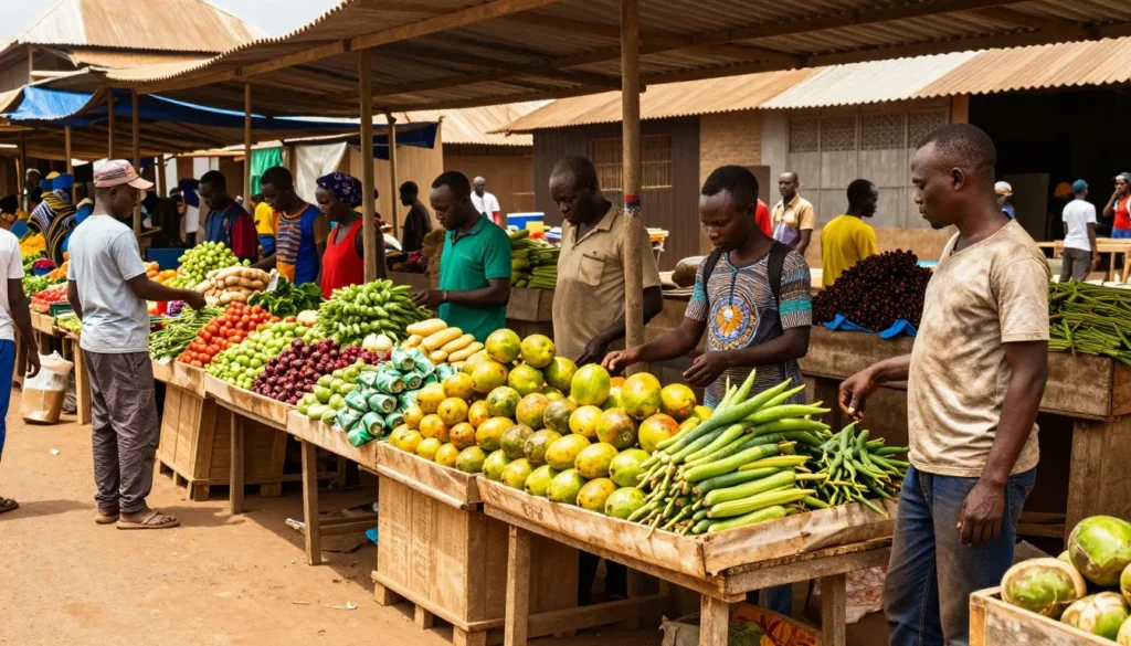 Busy Yaounde street market with colorful produce displays and shoppers