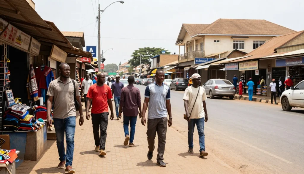 Busy Yaounde street scene with pedestrians and shops