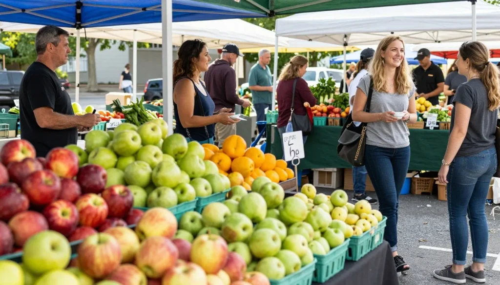 Busy farmers market with fresh local produce displays Busy farmers market with fresh local produce displays