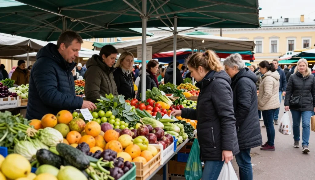 Busy outdoor market in Saint Petersburg with vendors selling fresh produce, locals shopping, and traditional market atmosphere Busy outdoor market in Saint Petersburg with vendors selling fresh produce, locals shopping, and traditional market atmosphere