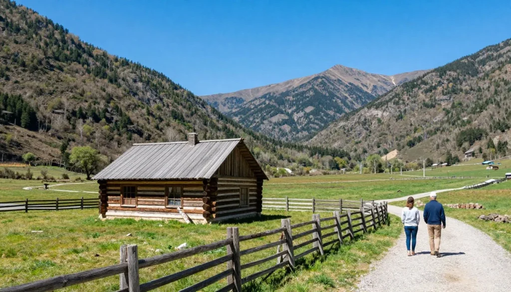 Cades Cove valley with historic cabin and mountain backdrop Cades Cove valley with historic cabin and mountain backdrop