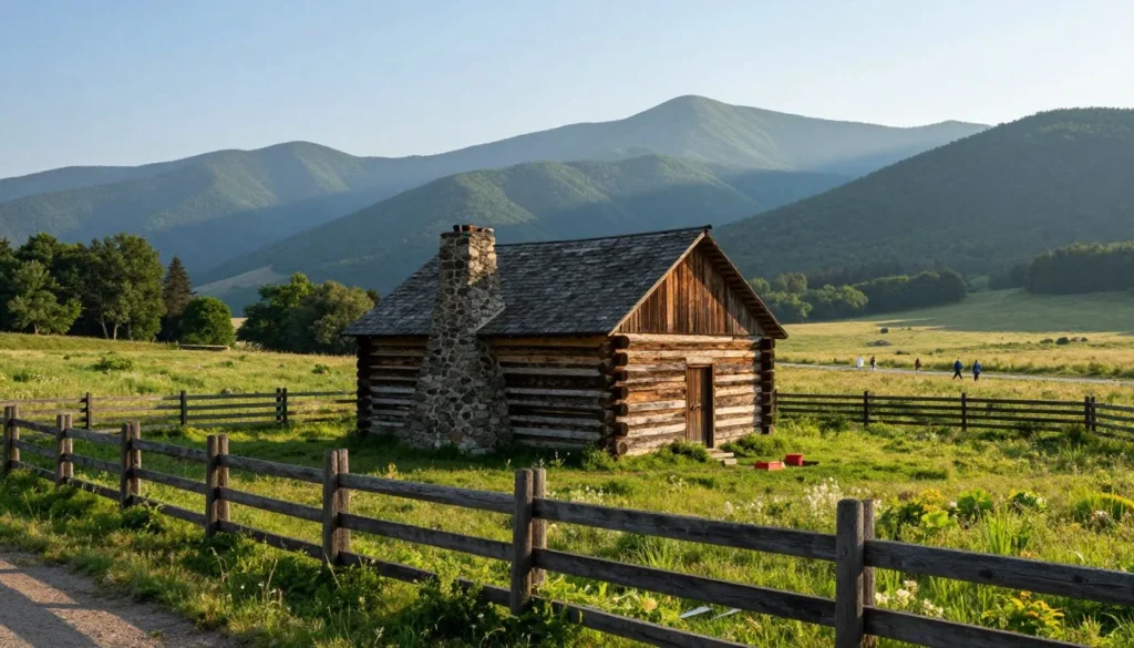 Cades Cove valley with historic cabin, split-rail fence, and mountains in background during golden hour Cades Cove valley with historic cabin, split-rail fence, and mountains in background during golden hour