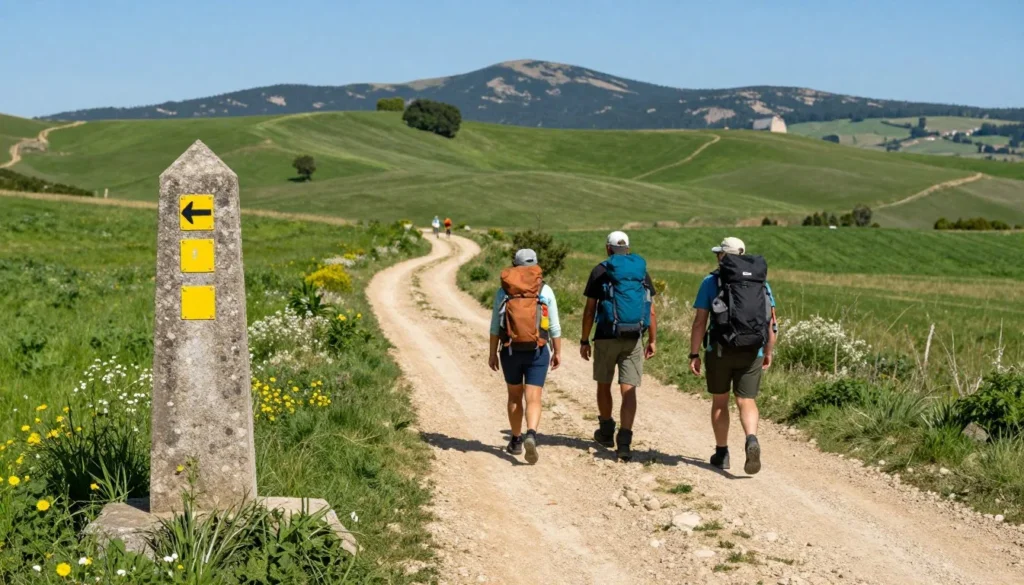 Camino de Santiago hiking path through Leon countryside with pilgrims walking