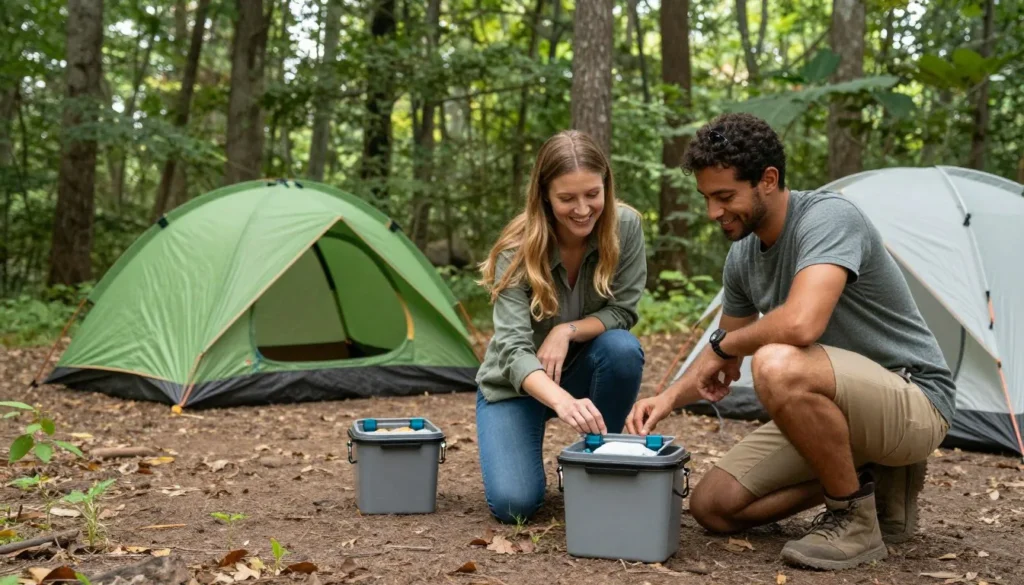 Campers following leave no trace principles at wilderness campsite Campers following leave no trace principles at wilderness campsite