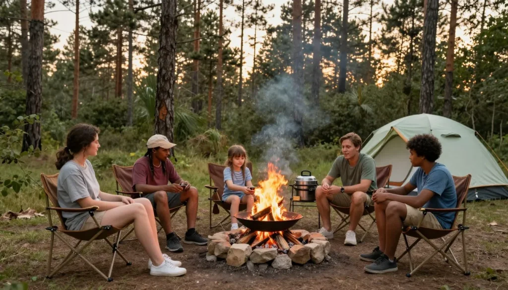 Campers preparing meal over campfire in forest campsite