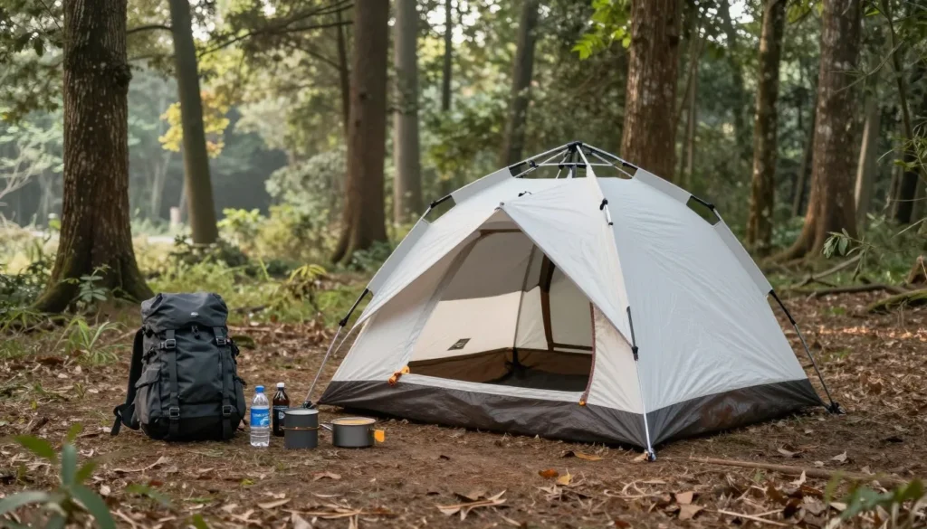 Camping gear and backpack set up at primitive forest campsite Camping gear and backpack set up at primitive forest campsite