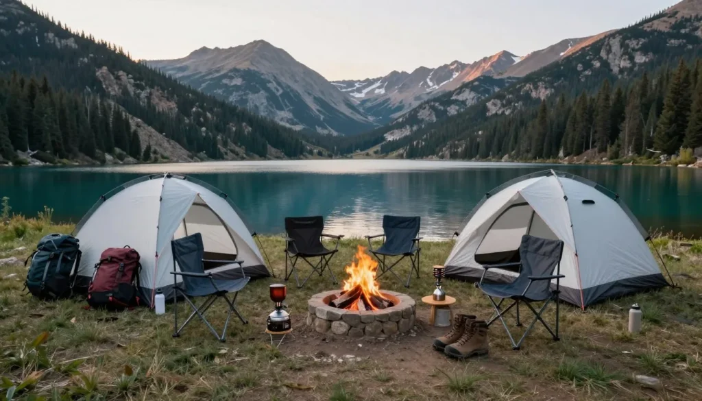 Camping gear and outdoor equipment organized at Turquoise Lake campsite Camping gear and outdoor equipment organized at Turquoise Lake campsite